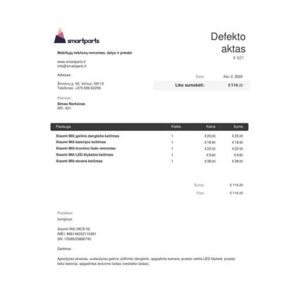 telefono defekto aktas pavyzdys