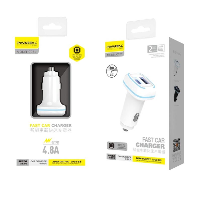 Auto įkroviklis PAVAREAL 2 x USB 4,8A PA-CC61 – Baltas
