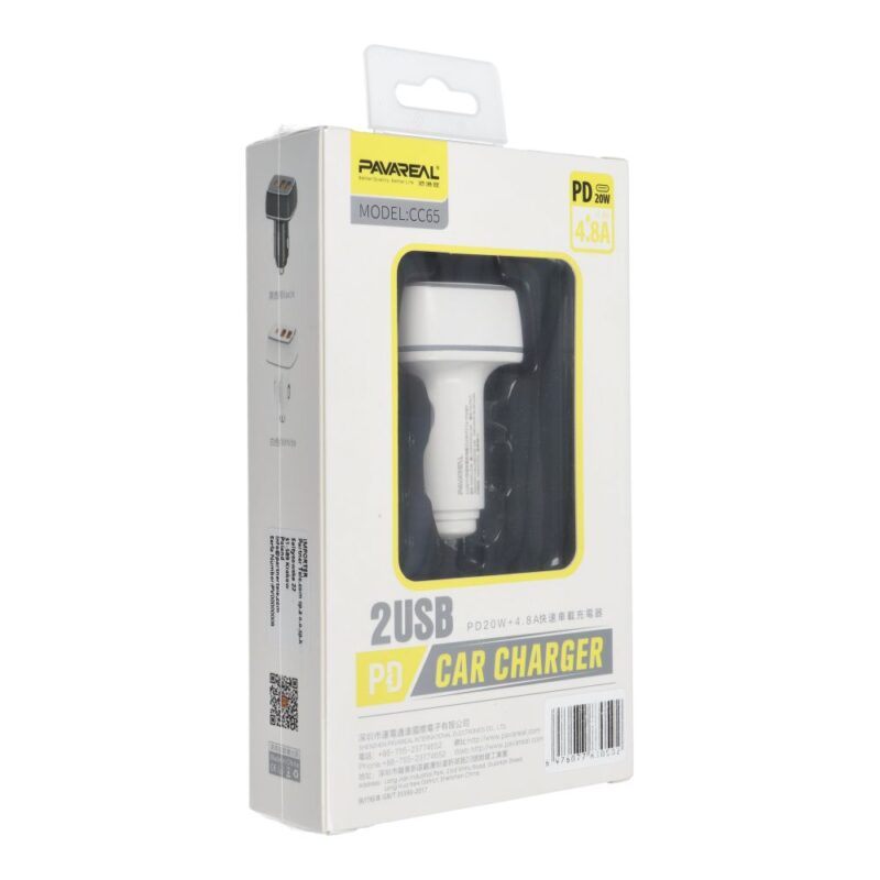 Auto įkroviklis PAVAREAL Type C PD 20W + 2x USB 4,8A PA-CC65 – Baltas