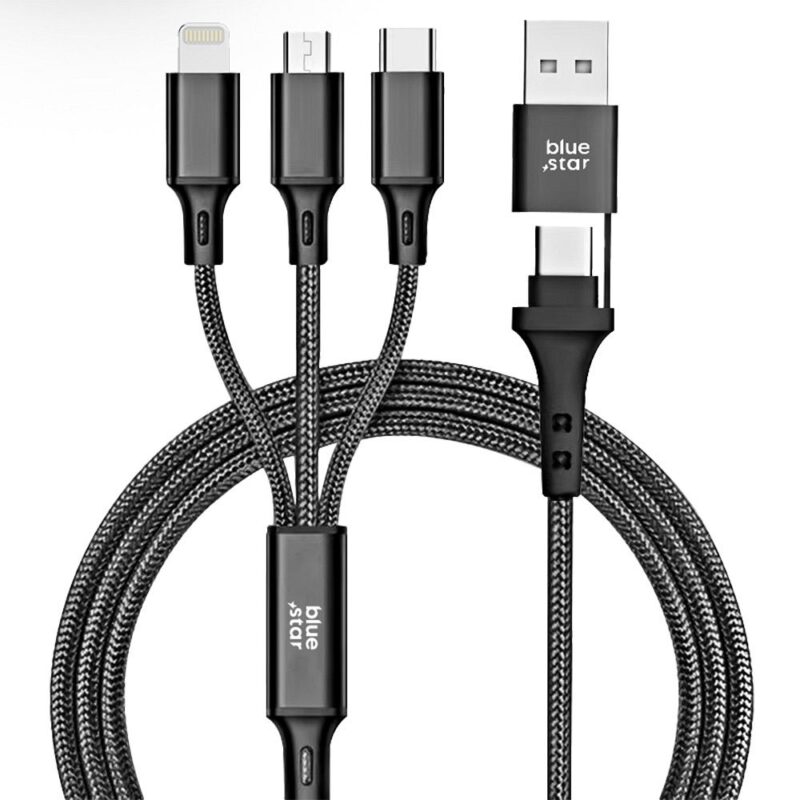 Universalus krovimo laidas BLUE STAR 4in1 Type C USB A to Micro USB Lightning Type C 2,4A 12W Cafule C172 - 1.2 m - Juodas