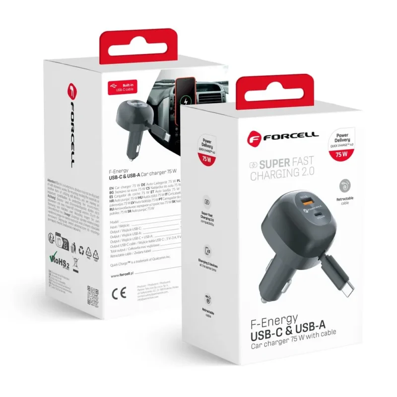 Auto įkroviklis Forcell F-Energy Alu Car Charger USB C + USB A + Retractable Cable USB C PD QC4.0 SFC2.0 3A 75W
